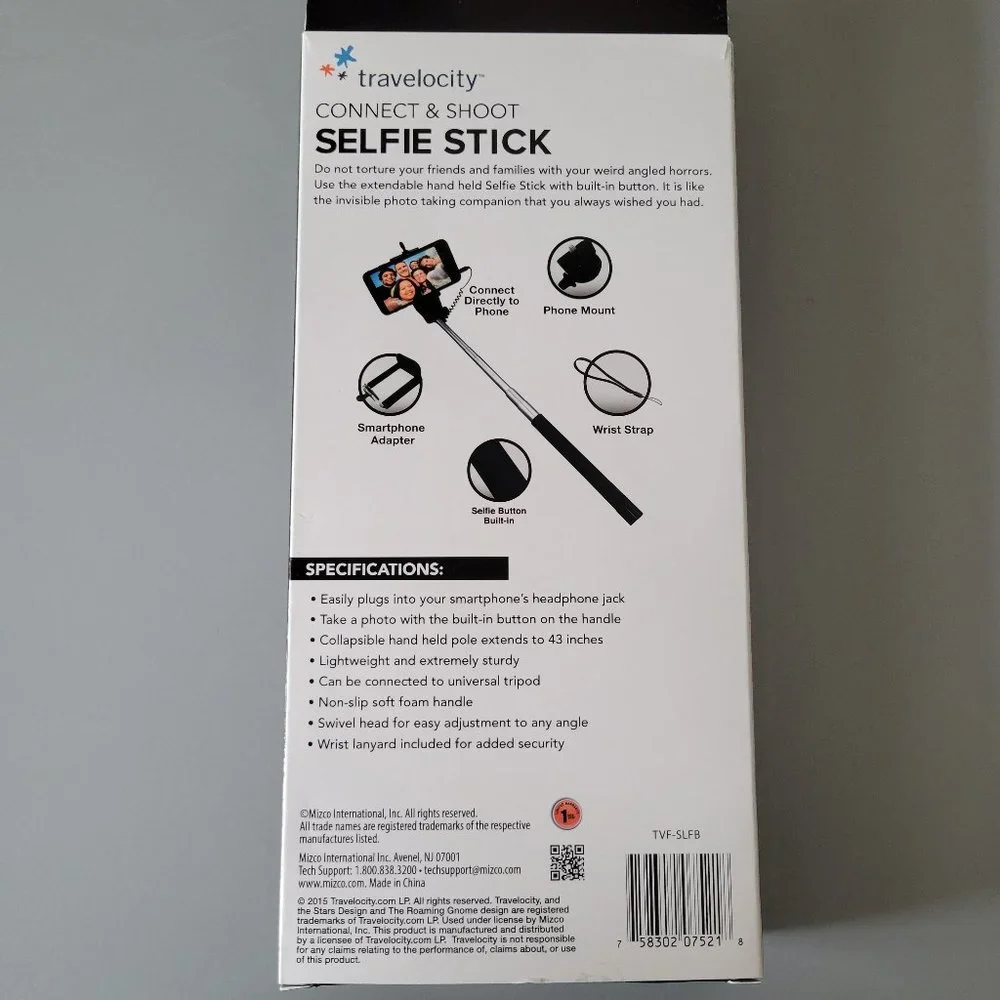 NEW Travelcity Connect & Shoot Selfie Stick for iPhone and Android Phones Black